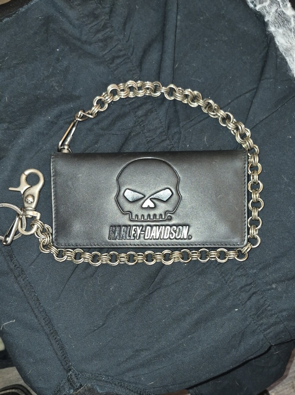 Harley-Davidson Black Leather Skull Chain Wallet with Silver Chain